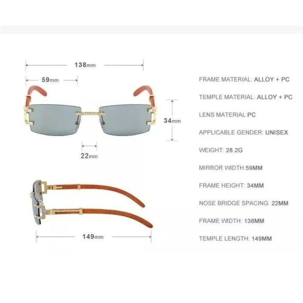 Men Sunglasses Rhinestone‎ Rimless Square Shades Hip Hop Style Buffs Street Wear